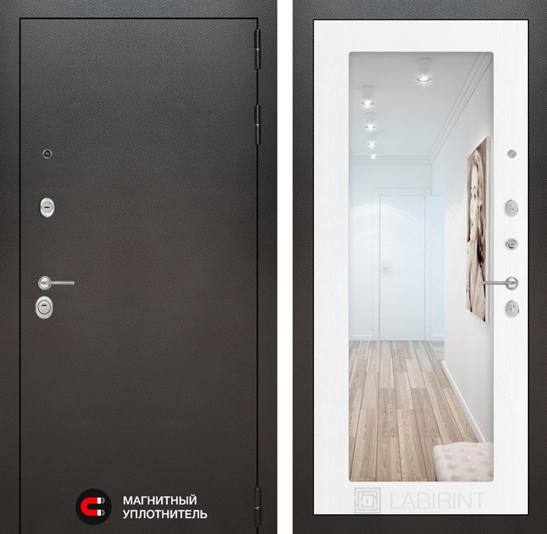 Входная металлическая дверь Лабиринт SILVER с Зеркалом 18 - Белое дерево 2657139