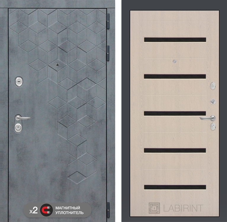 Входная металлическая дверь Лабиринт Бетон 01 - Беленый дуб, стекло черное 2955924
