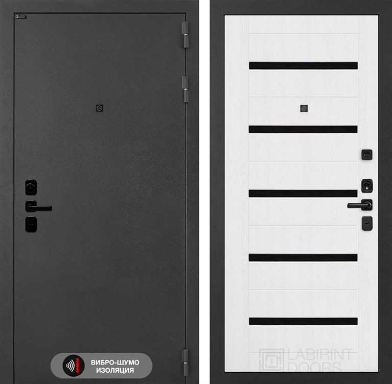 Входная металлическая дверь Лабиринт ACUSTIC 01 - Белое дерево, стекло черное 4055059
