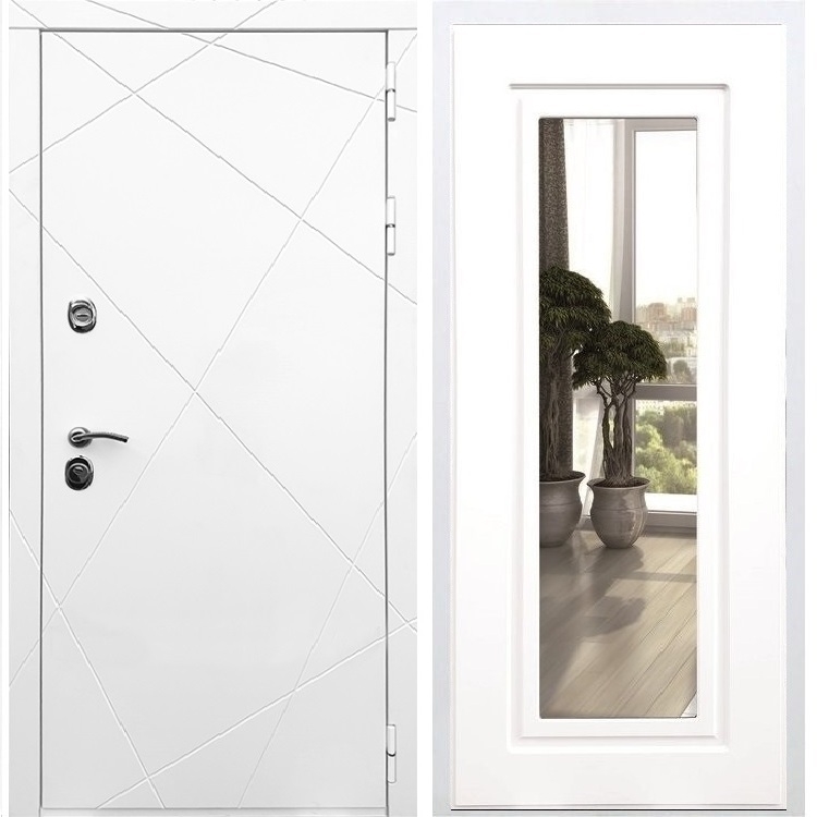 Белая Входная металлическая дверь Олимпия ФЛ-120 с Зеркалом Белый силк сноу 29132