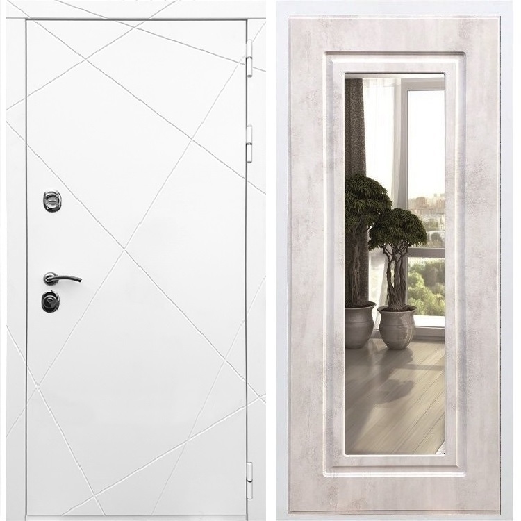 Белая Входная металлическая дверь Олимпия ФЛ-120 с Зеркалом Бетон светлый 29135