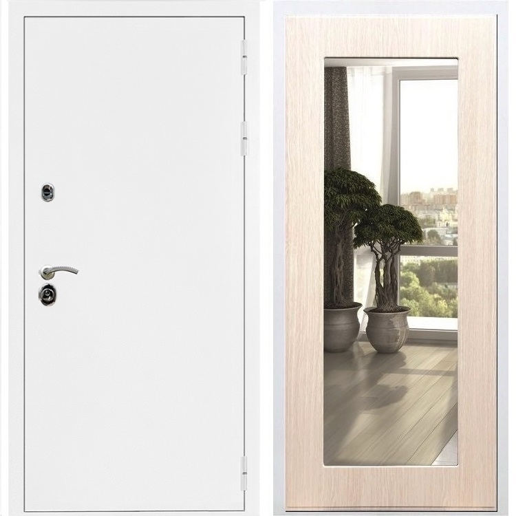 Входная металлическая дверь Триумф Белая шагрень Пастораль Дуб белёный с Зеркалом 31631