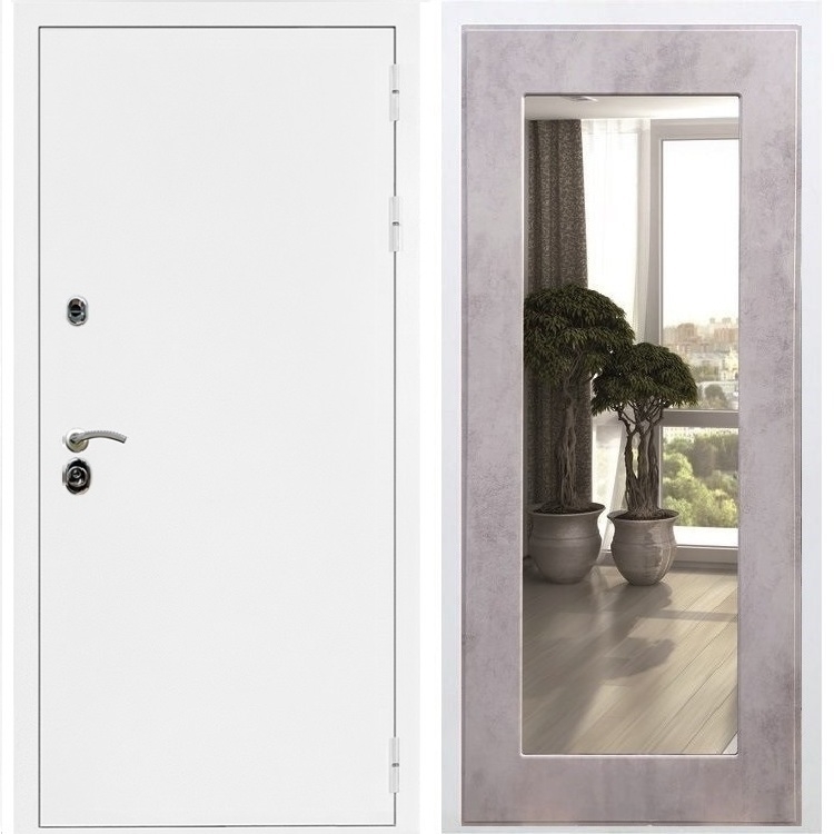 Входная металлическая дверь Триумф Белая шагрень Пастораль Бетон светлый с Зеркалом 31637