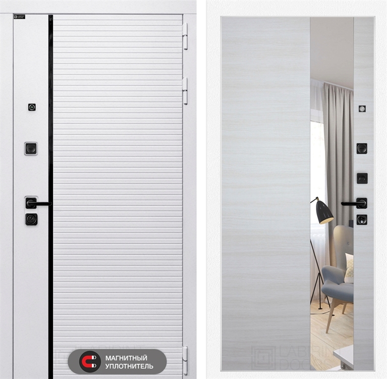 Входная белая дверь Лабиринт ROYAL с зеркалом Акация светлая поперечная 3919218