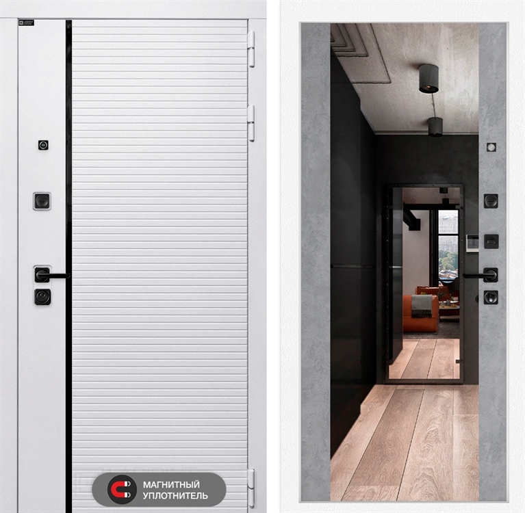 Входная белая дверь Лабиринт ROYAL с зеркалом Максимум - Бетон светлый 3918950