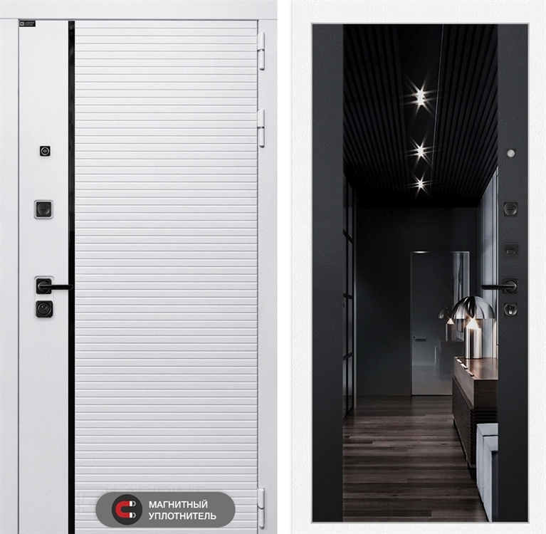 Входная белая дверь Лабиринт ROYAL с зеркалом Максимум - Черный кварц 38451