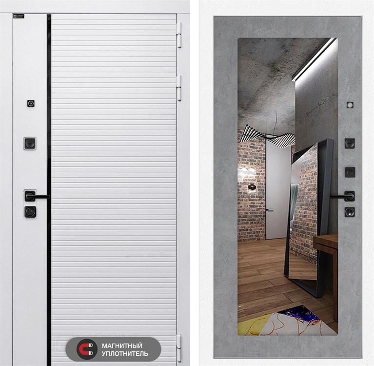 Входная белая дверь Лабиринт ROYAL с зеркалом 18 - Бетон светлый 38453