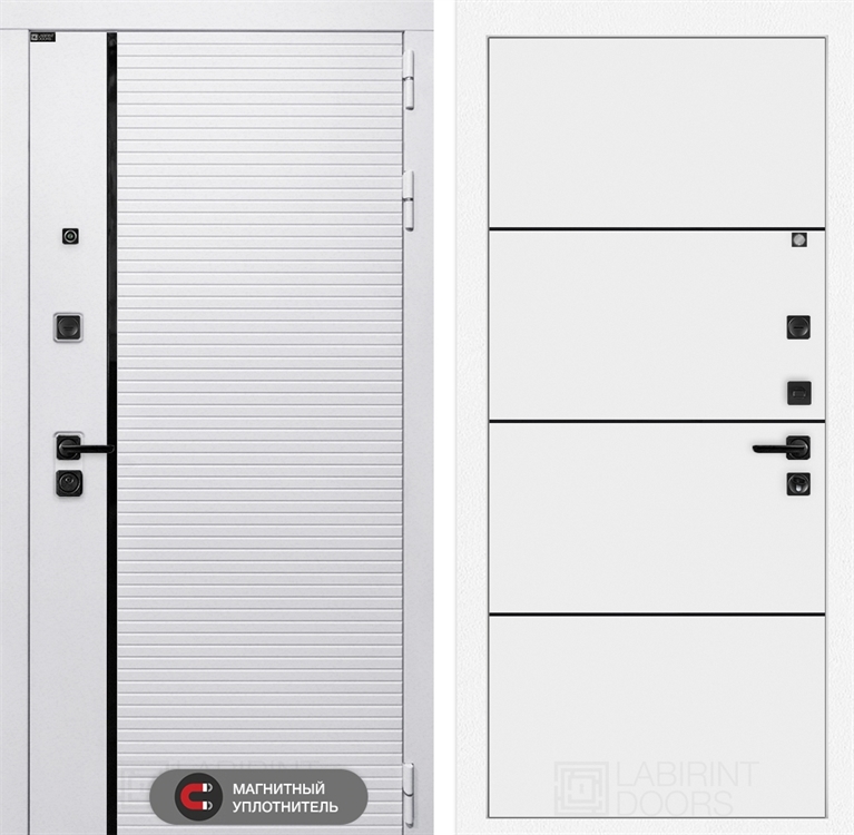 Входная белая дверь Лабиринт ROYAL 25 - Белый софт, черный молдинг 38456