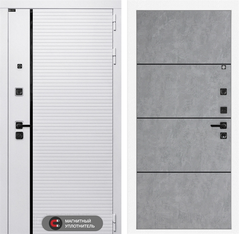 Входная белая дверь Лабиринт ROYAL 25 - Бетон светлый, черный молдинг 38457