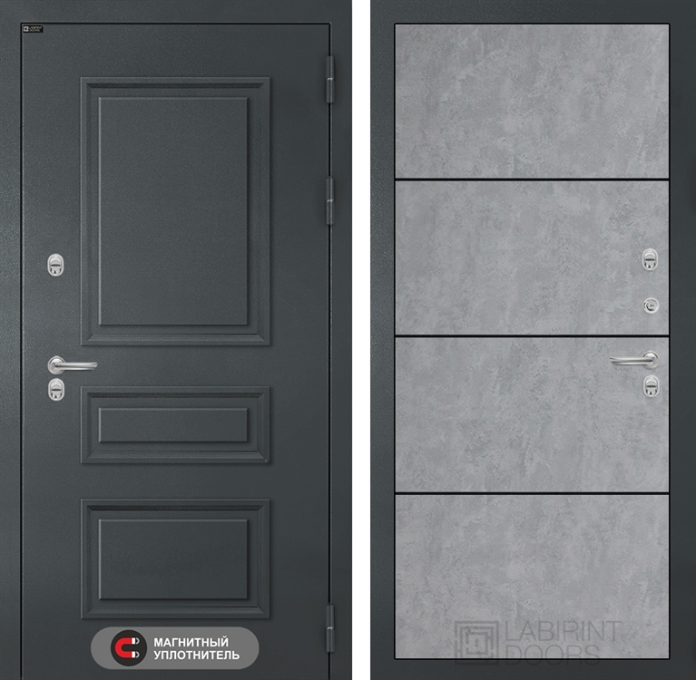 Входная металлическая дверь Лабиринт Атлантик 25 - Бетон светлый, черный молдинг 40983