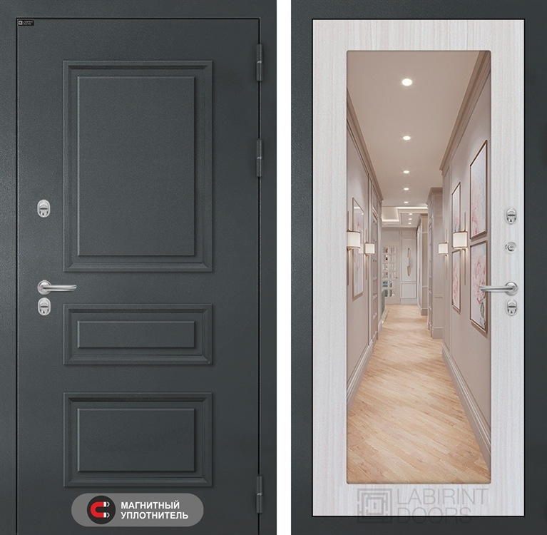 Входная металлическая дверь Лабиринт Атлантик с Зеркалом 18 - Сандал белый 40955