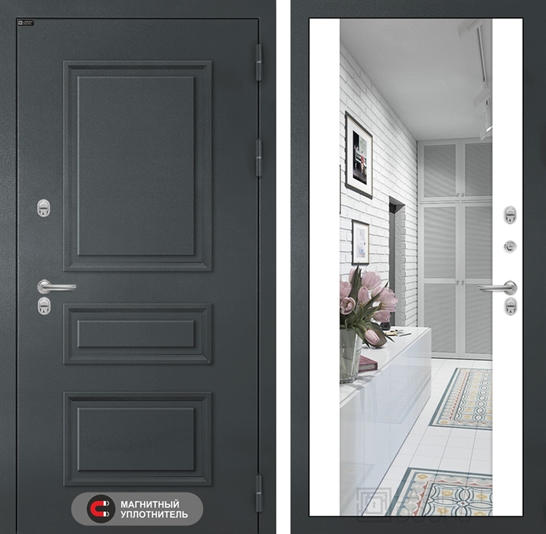 Входная металлическая дверь Лабиринт Атлантик с Зеркалом Максимум - Белый софт 40964