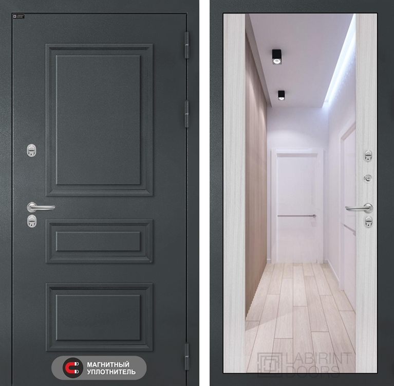 Входная металлическая дверь Лабиринт Атлантик с Зеркалом Максимум - Сандал белый 40957