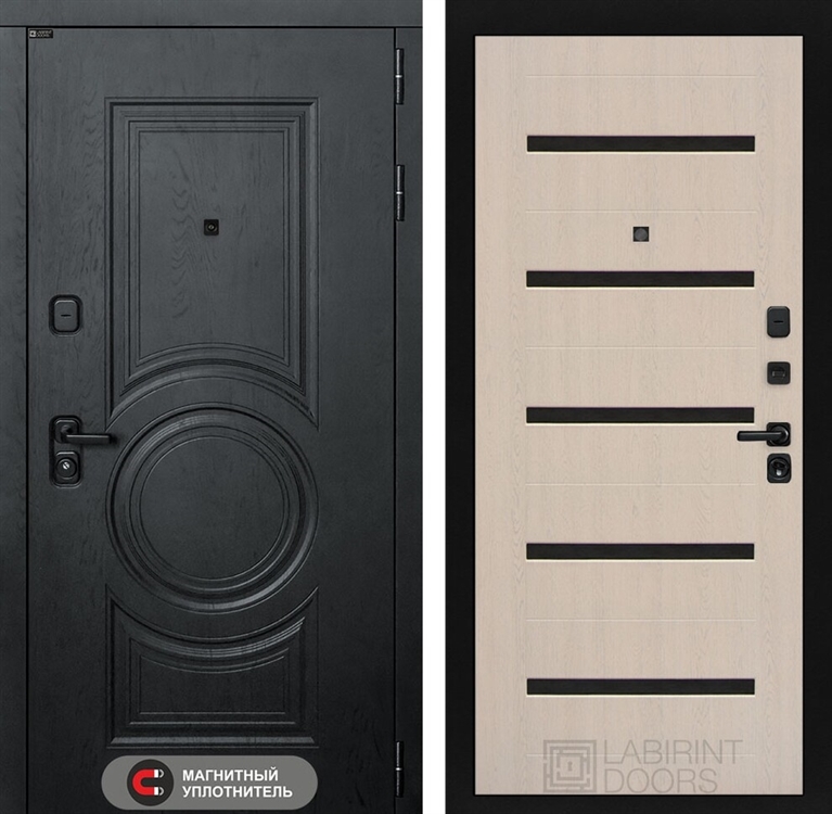 Входная металлическая дверь Лабиринт GRAND 01 - Беленый дуб, стекло черное 42245