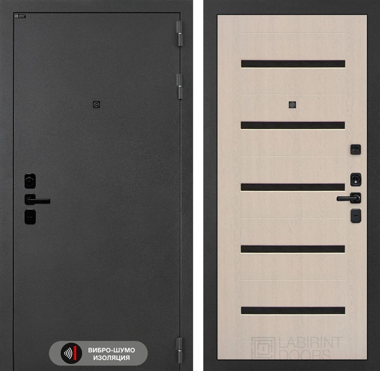 Входная металлическая дверь Лабиринт ACUSTIC 01 - Беленый дуб, стекло черное 42315