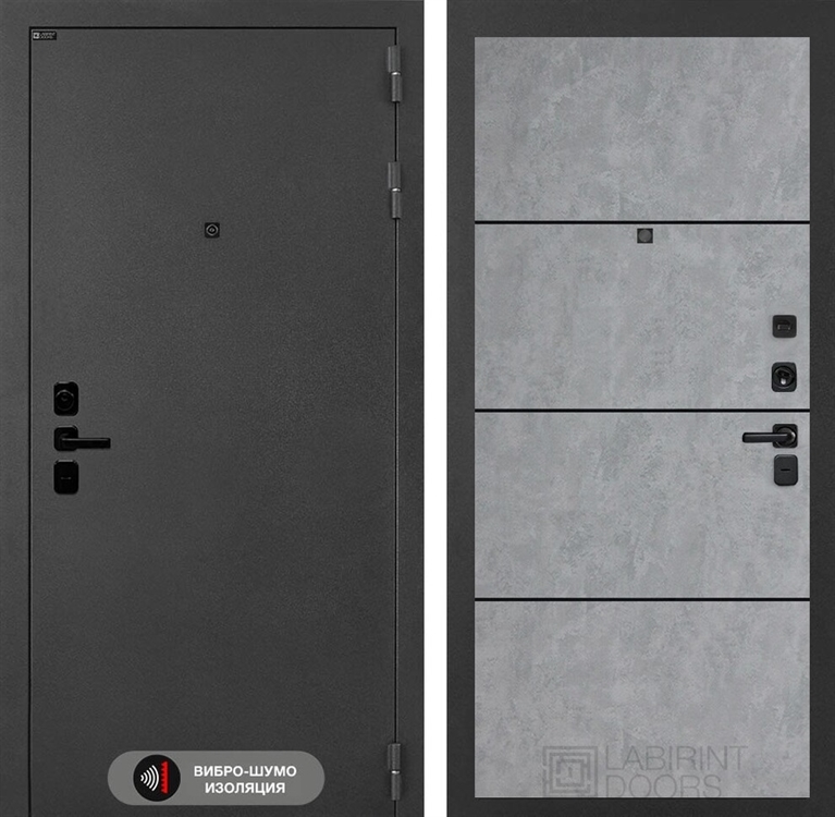 Входная металлическая дверь Лабиринт ACUSTIC 25 - Бетон светлый, черный молдинг 42339