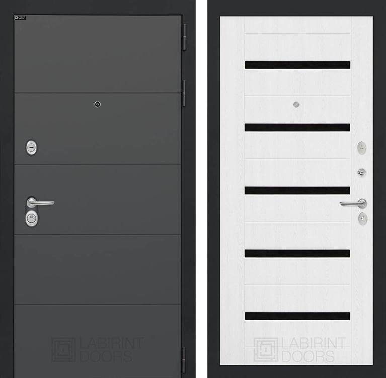 Входная металлическая дверь Лабиринт ART графит 01 - Белое дерево, стекло черное 42347