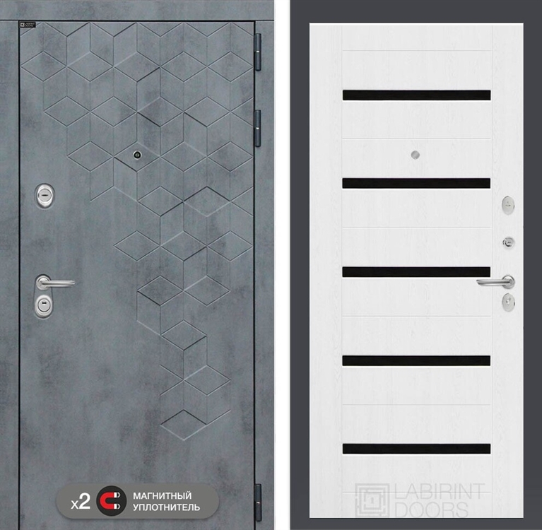 Входная металлическая дверь Лабиринт Бетон 01 - Белое дерево, стекло черное 42400