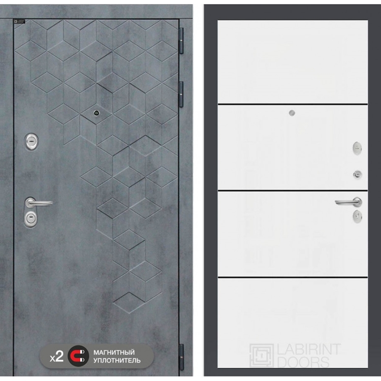 Входная металлическая дверь Лабиринт Бетон 25 - Белый софт, черный молдинг 42409