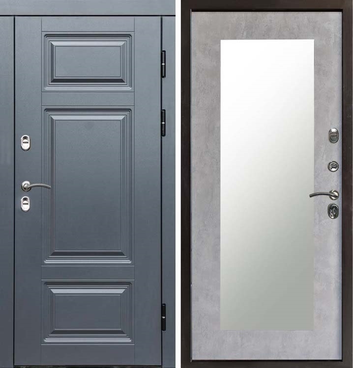 Входная металлическая дверь с терморазрывом Интерма Триумф с зеркалом Бетон светлый 42634