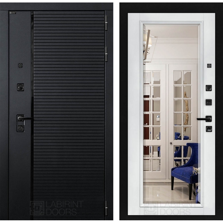 Входная металлическая дверь Лабиринт PIANO с Зеркалом Фацет - Белый софт 44361