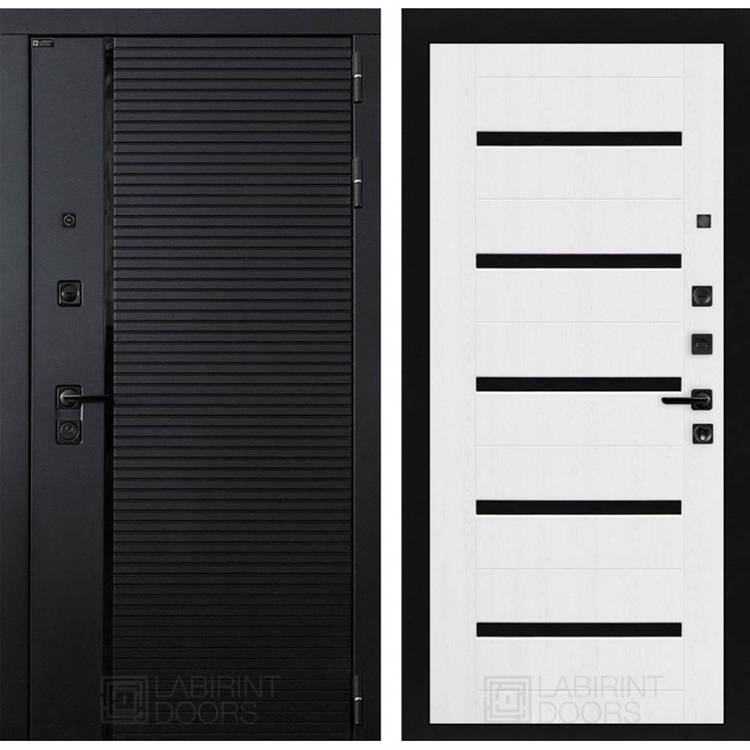 Входная металлическая дверь Лабиринт PIANO 01 - Белое дерево, стекло черное 44366