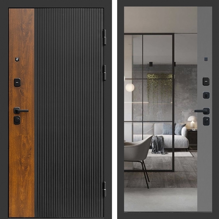 Входная дверь Престиж black с зеркалом фацет Грей софт 47404