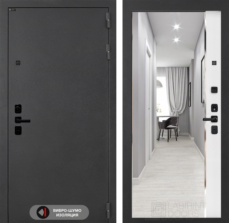 Входная дверь Лабиринт ACUSTIC с зеркалом Панорама с тонировкой - Белый софт 48113