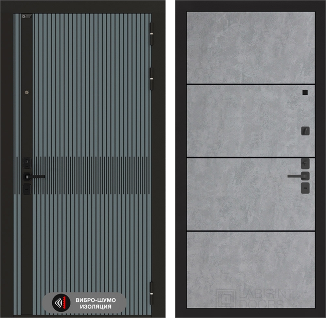 Входная металлическая дверь Лабиринт ISSIDA 25 - Бетон светлый, черный молдинг 48818