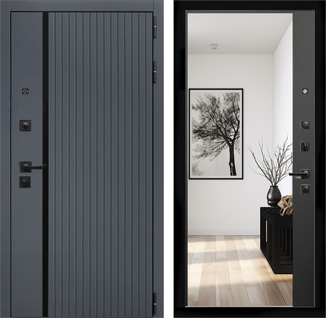 Входная дверь Интеко Агат Графит Черный кварц - с зеркалом панорама 48989