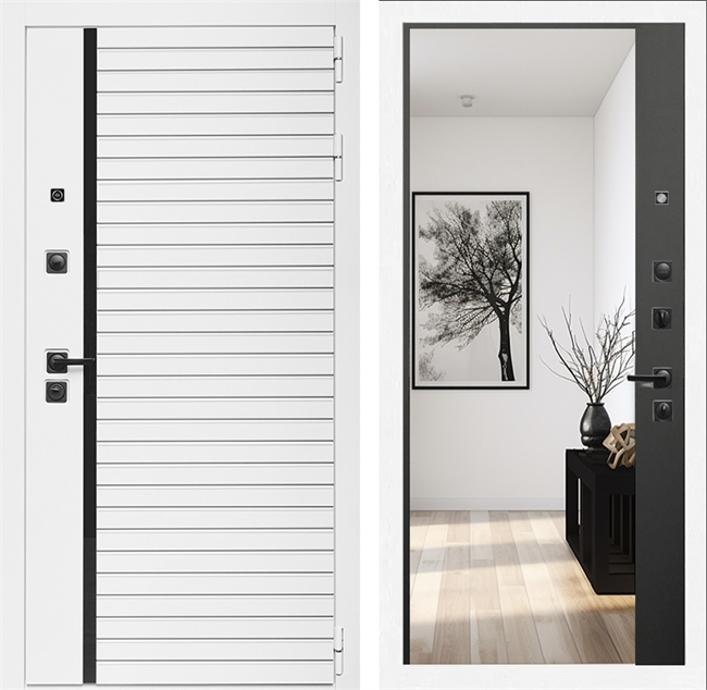 Входная дверь Интеко АГАТ БелаяБелая Черный кварц - с зеркалом панорама 49080