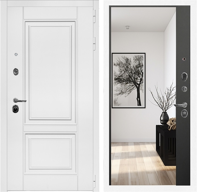 Входная дверь Интеко Афина Белая Черный кварц - с зеркалом панорама 49101