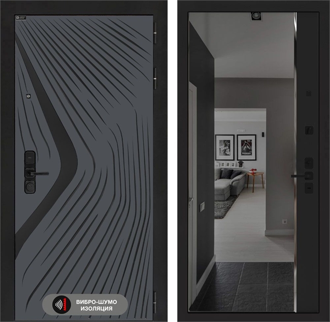 Входная дверь Лабиринт LEOLAB с зеркалом Панорама с тонировкой - Черный кварц 55545